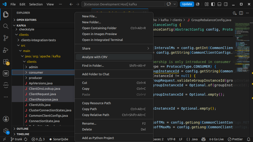 Context menu with the "Analyze with CRV" command highlighted