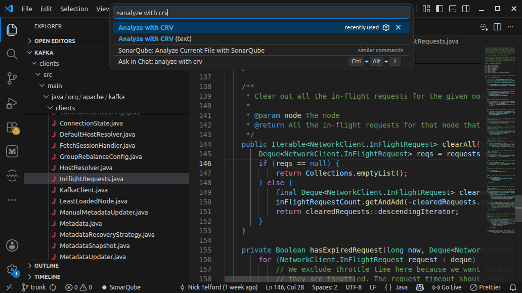 Command palette with the "Analyze with CRV" command highlighted